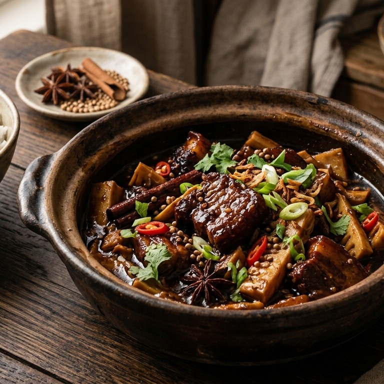 Babi Cin Empat (hamlappen met bamboescheuten en kruiden) recept