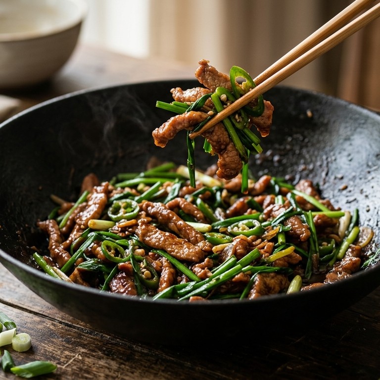 Babi kucai (pittige varkensreepjes met prei in ketjapsaus) recept