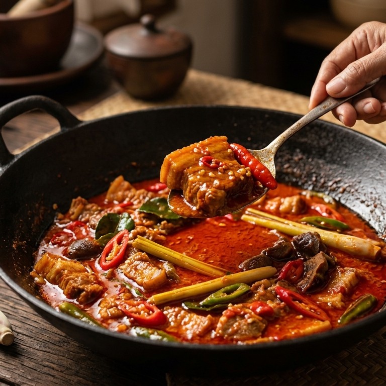 Babi merah (Varkensvlees in pittige kokossaus) recept
