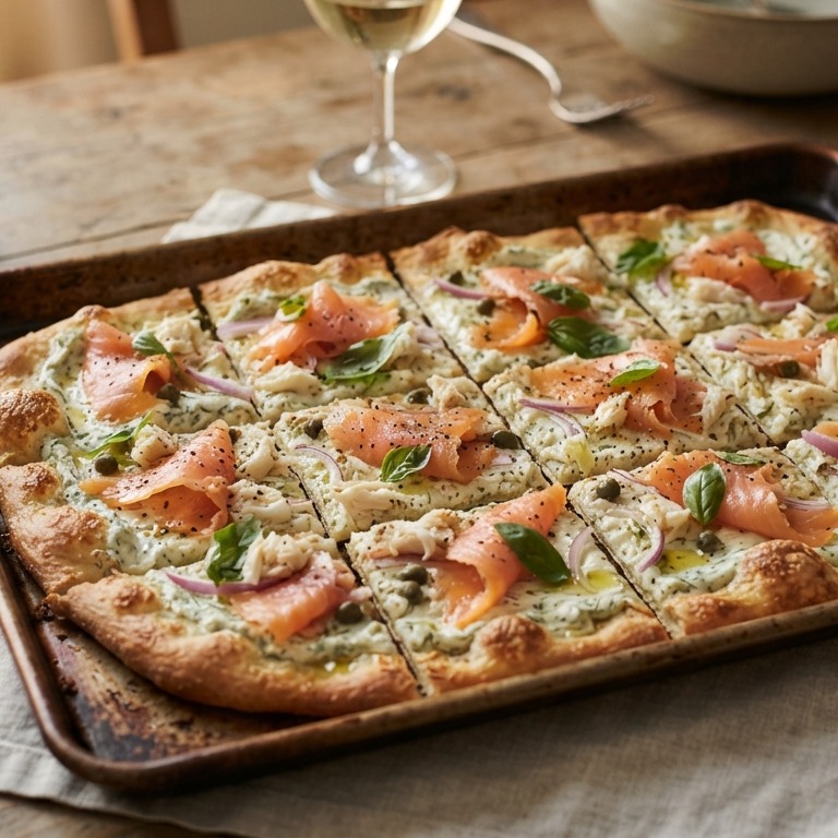 Bakplaatpizza met gerookte zalm en krab recept