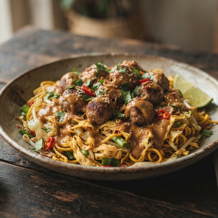 Bami met gehaktballetjes en satésaus recept