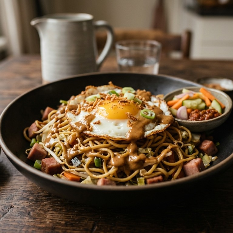 Bami met ham, ei en sate-saus recept