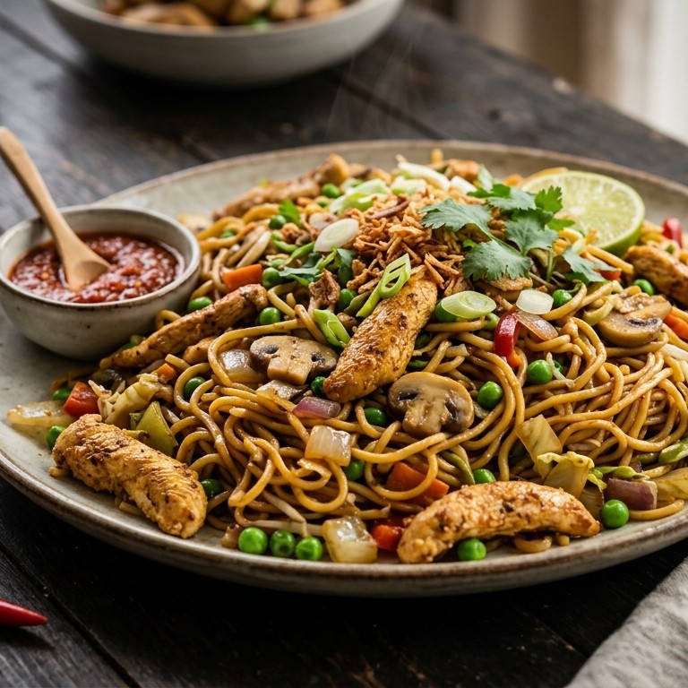 Bami met kipfilet, champignons, doperwten en uien recept
