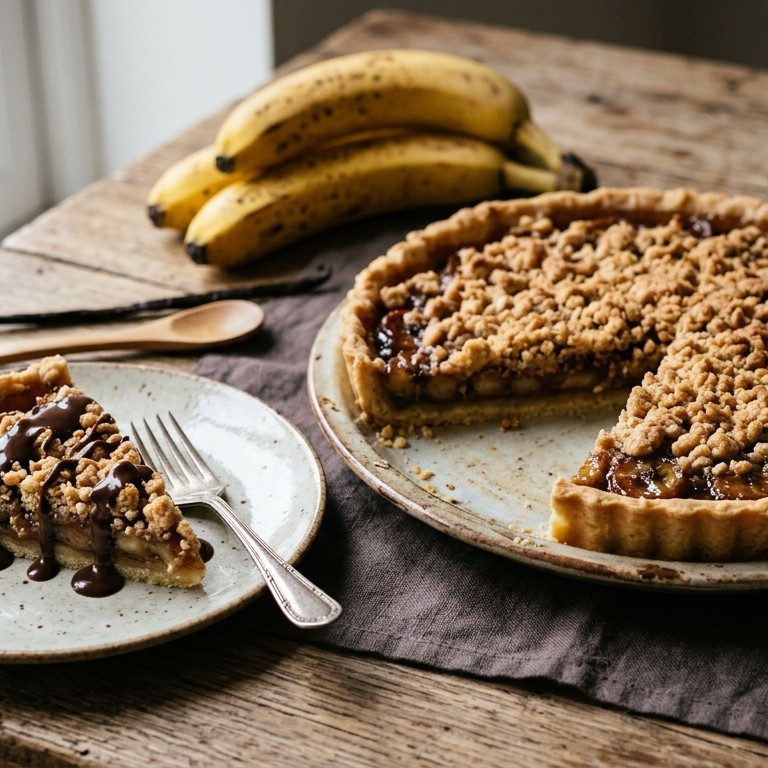 Bananen kruimeltaart met chocoladesaus recept
