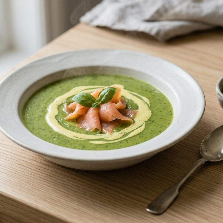 Basilicumsoep met kerrieroom en zalm recept