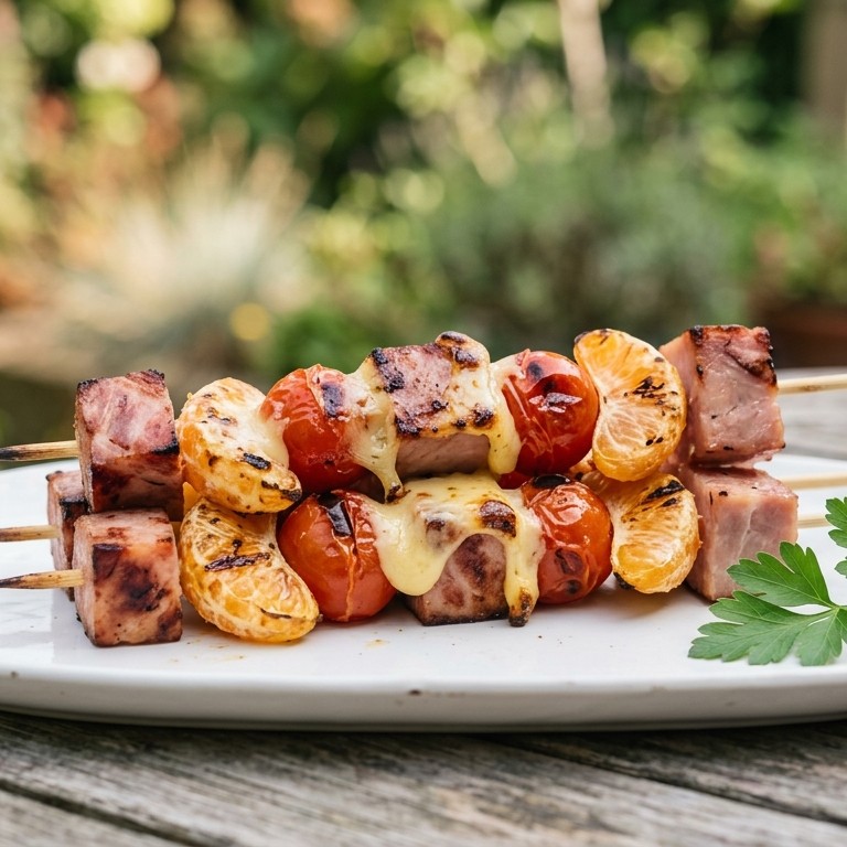 BBQ spiesjes met ham, kaas, tomaat en mandarijn recept