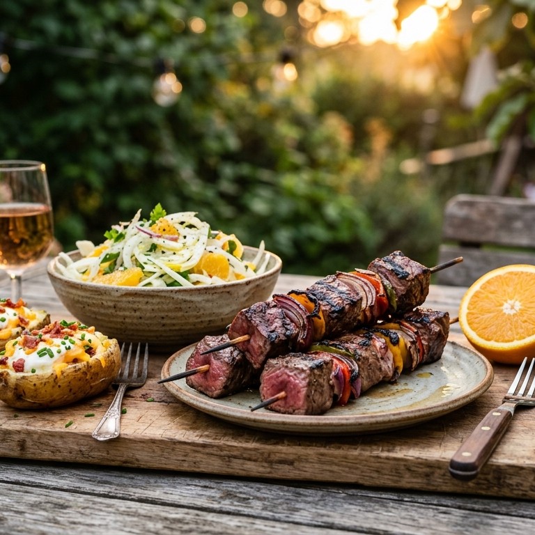 Beefspiesen met venkel-sinaasappelsalade recept