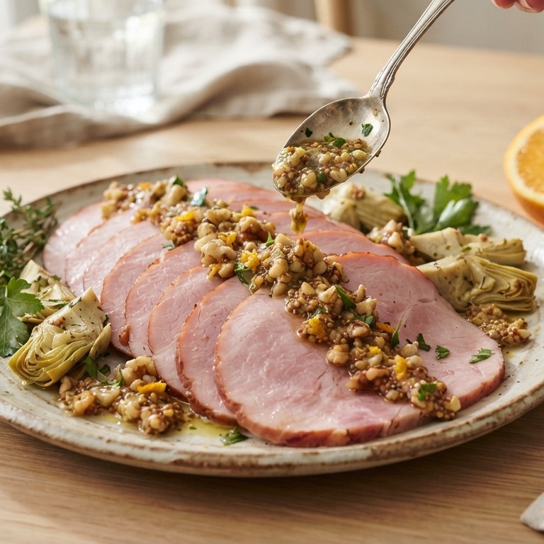 Beenham met walnotendressing recept