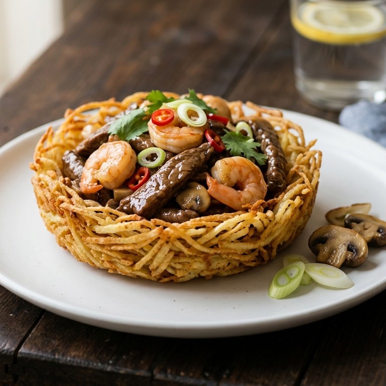 Biefreepjes met Garnalen in vogelnestje recept