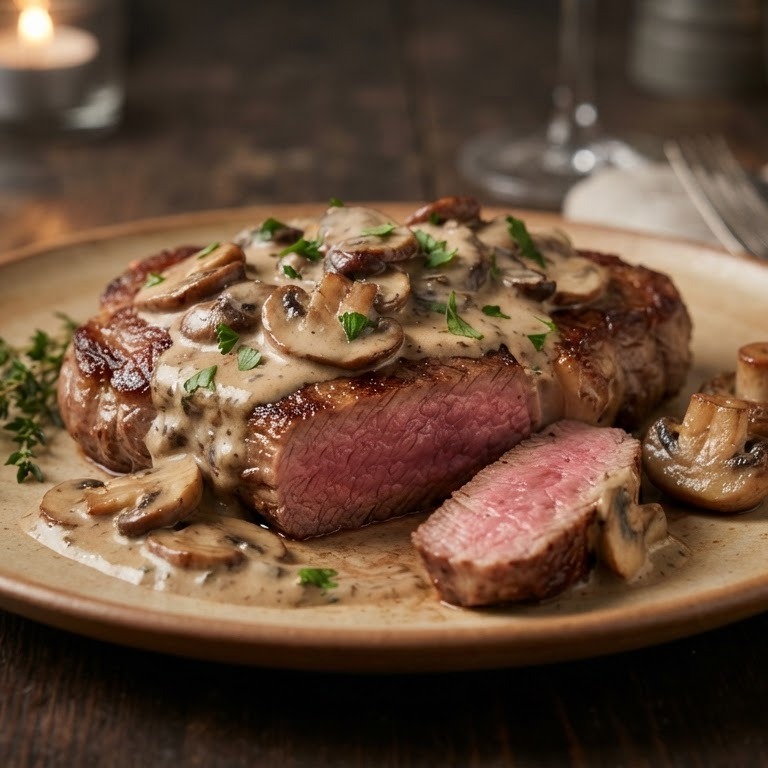 Biefstuk met champignonsaus recept