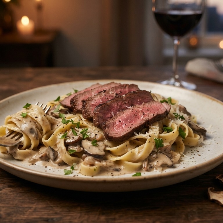 Biefstuk met eekhoorntjesbrood en tagliatelle recept