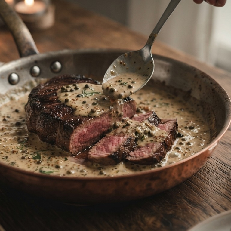 Biefstuk met peper-roomsaus recept