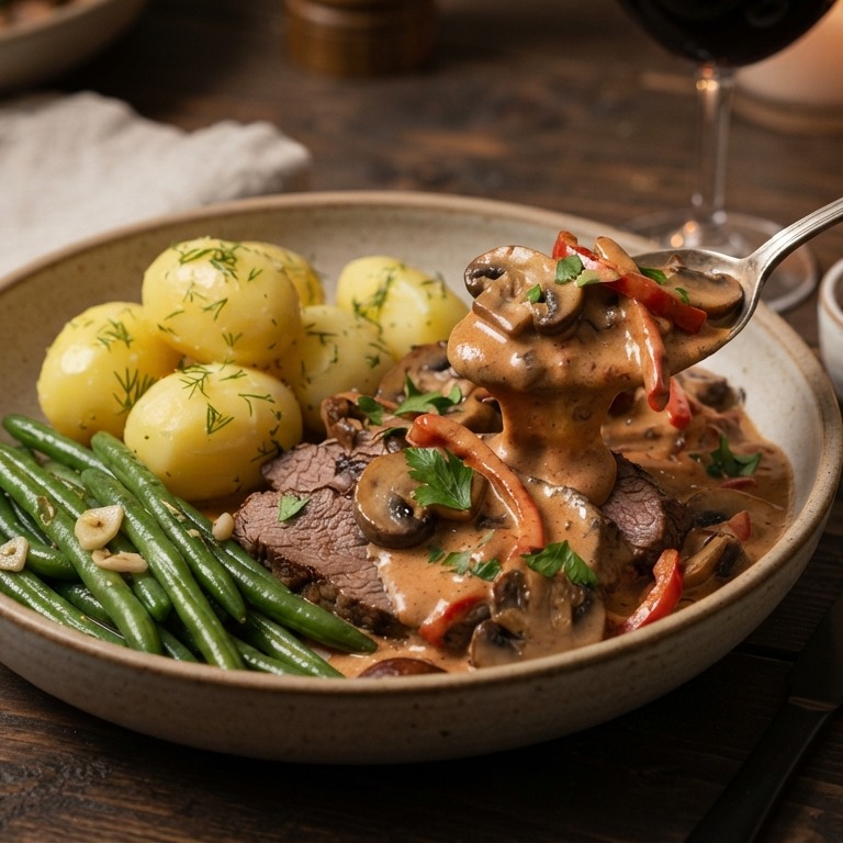 Biefstuk met stroganoffsaus recept