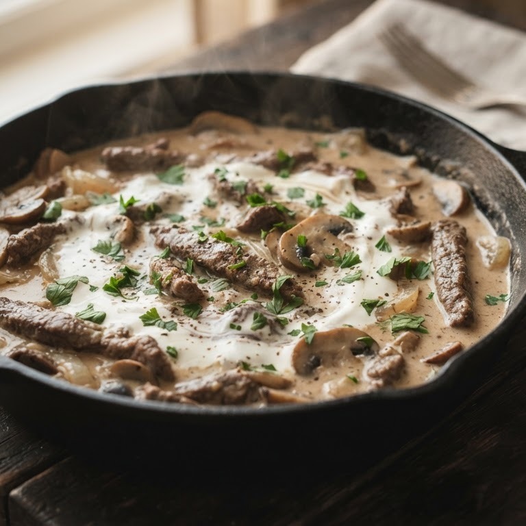 Biefstuk stroganoff met creme fraiche recept