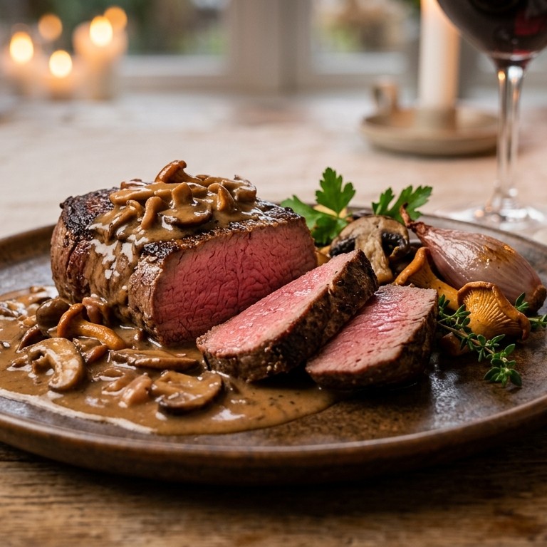 Biefstuk van de haas met champignonsaus recept