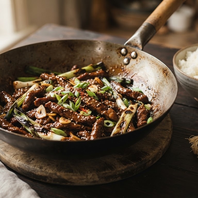Biefstukreepjes met bosuitjes en knoflook recept