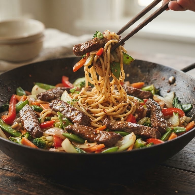 Biefstukreepjes met roerbakgroenten recept