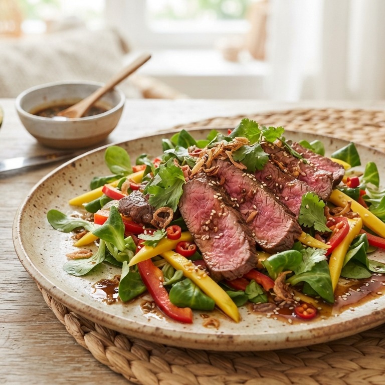 Biefstuksalade met mango en paprika recept