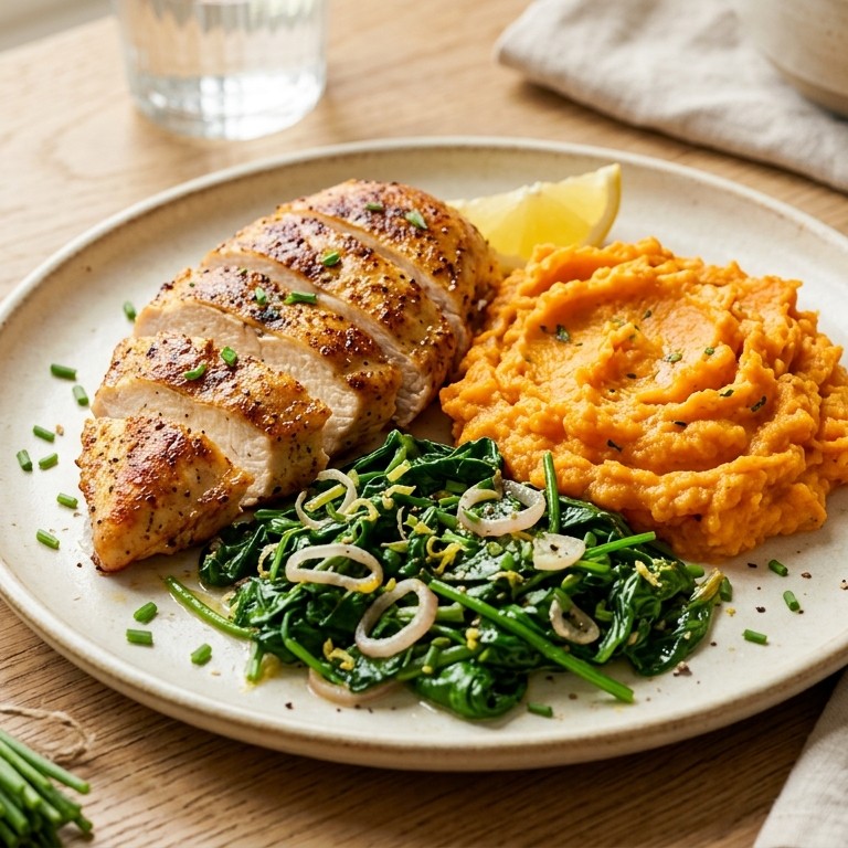Bieslookspinazie met kipfilet en zoete aardappelpuree recept