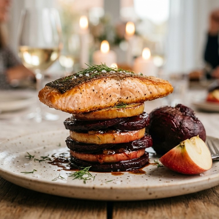 Bietenappeltorentje met zalmfilet recept