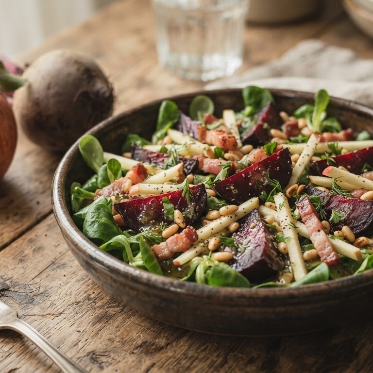 Bietensalade met mager spek, appel en pijnboompitjes recept