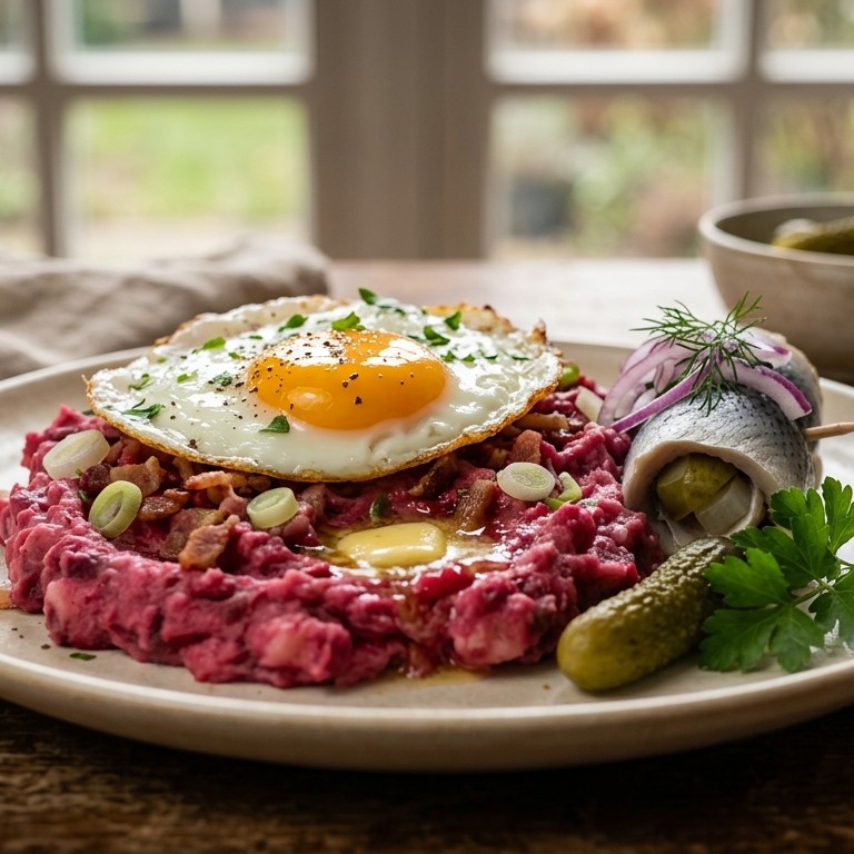 Bietenstamppot met spiegelei en rolmops recept