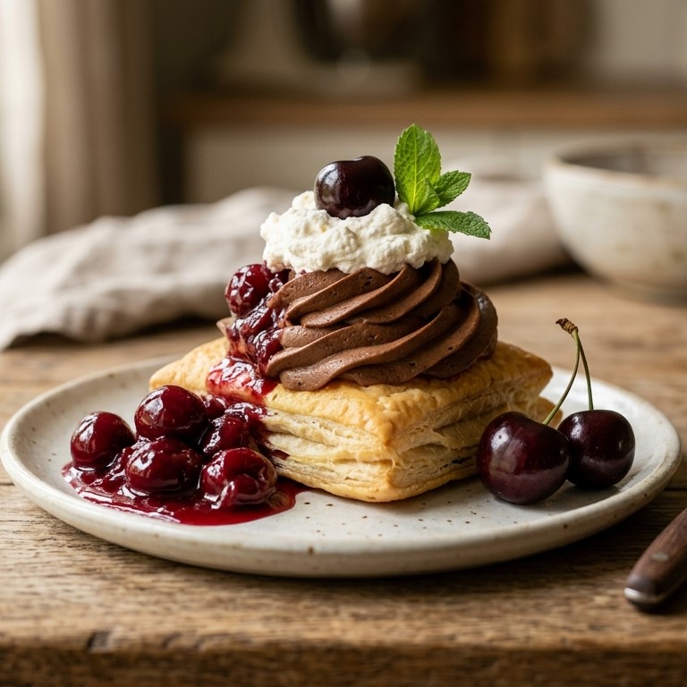 Bladerdeeggebakje met chocolademousse recept