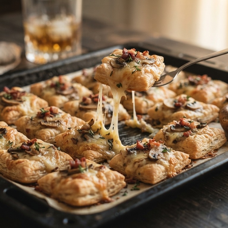 Bladerdeeghapjes met champignons, katenspek en kaas recept