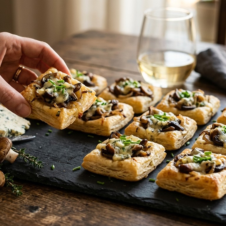 Bladerdeeghapjes met schimmelkaas recept