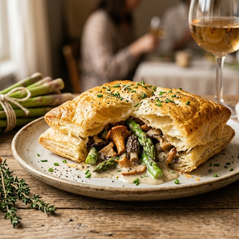 Bladerdeegkussentje met groene asperges en bospaddestoelen recept