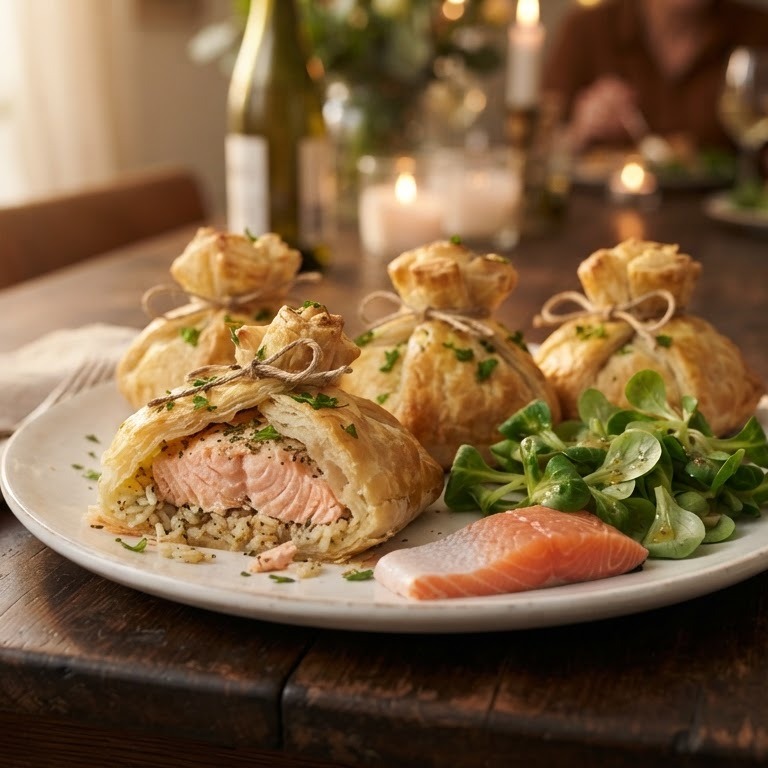 Bladerdeegpakketjes met zalm recept