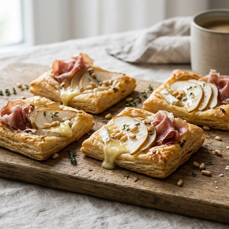 Bladerdeegtaartjes met peer en rauwe ham voor brunch recept