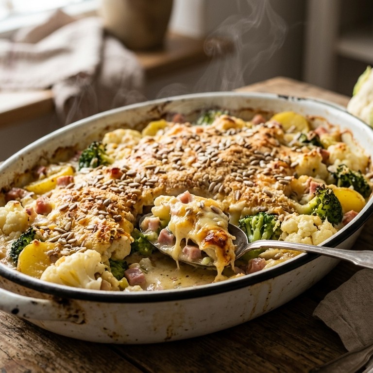 Bloemkool-broccoli-hamovenschotel recept