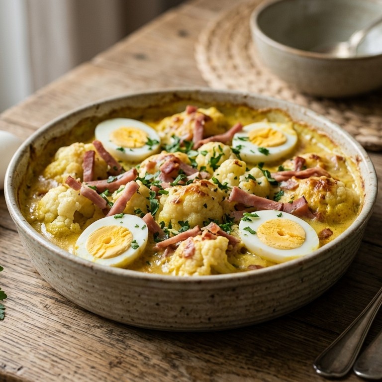 Bloemkoolschotel met ham, ei en kerrie-saus recept