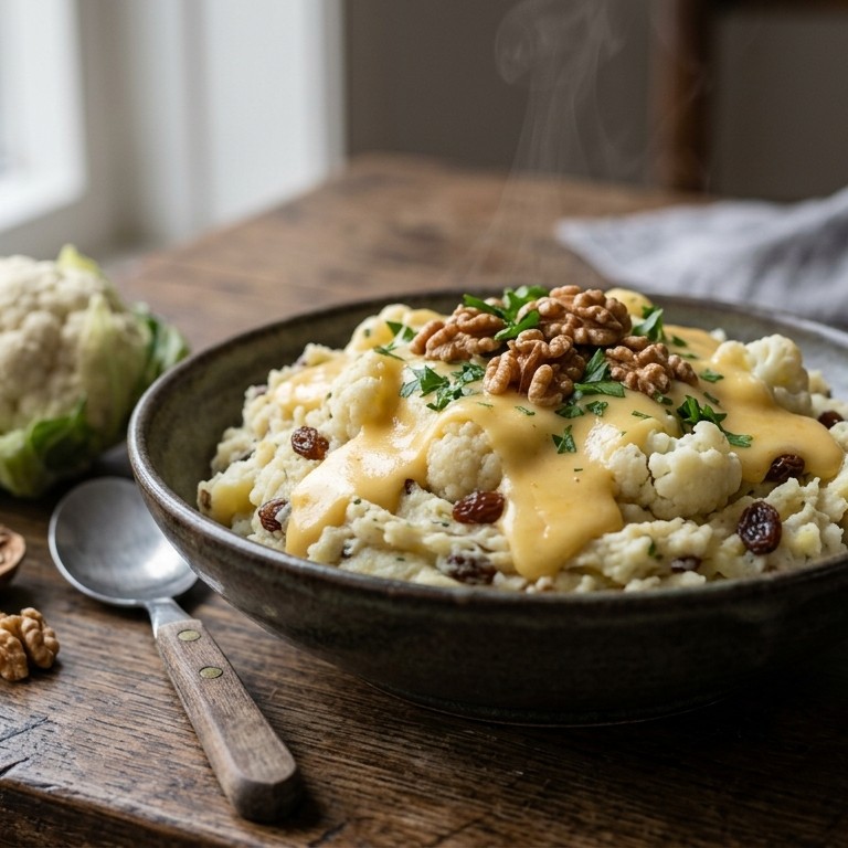 Bloemkoolstamppot met walnoten-kaassaus recept