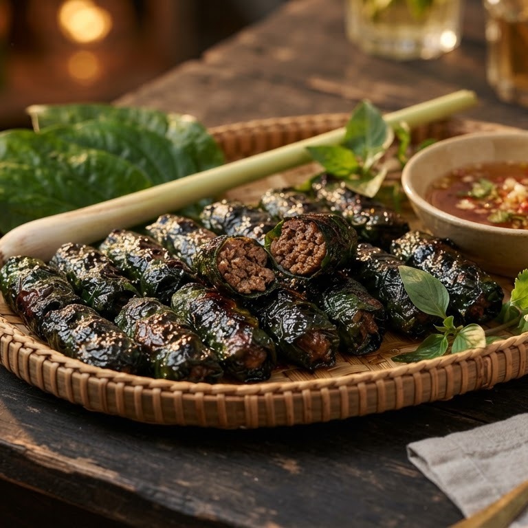 Bo la lot (gegrild rundvlees in druivenbladeren) recept