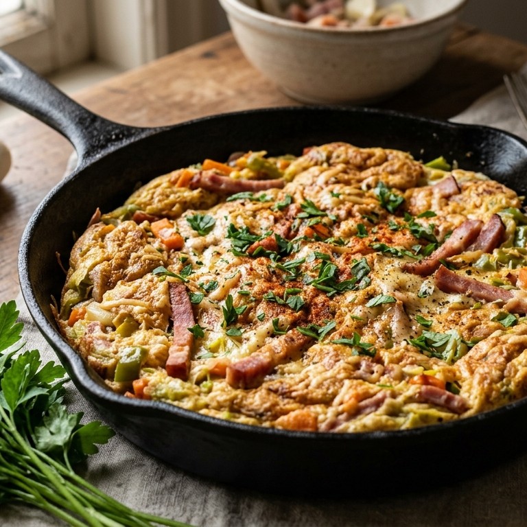 Boerenomelet met gekookte hamreepjes recept