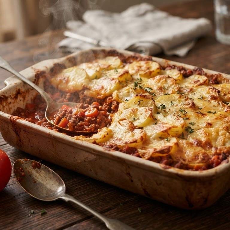 Bolognese-schotel met aardappelkorst recept