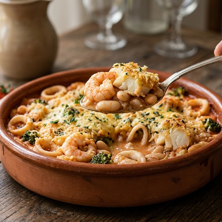Bonenschotel calamares, kabeljauw en garnalen recept