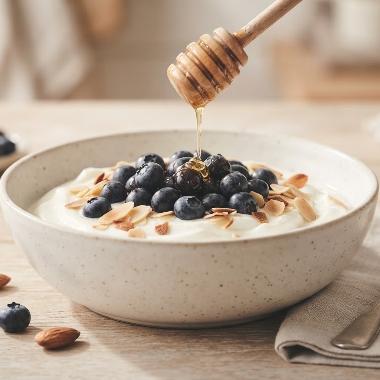 Bosbessen met honing, amandelen en yoghurt recept
