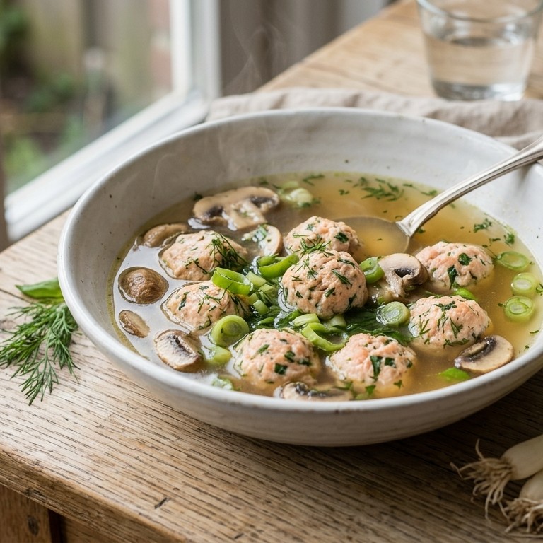 Bouillon met zalmballetjes en champignons recept