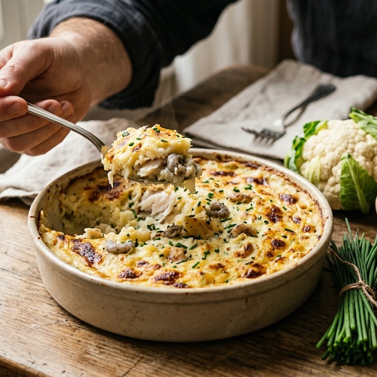 Brandade met schelvis, garnalen en bloemkool recept