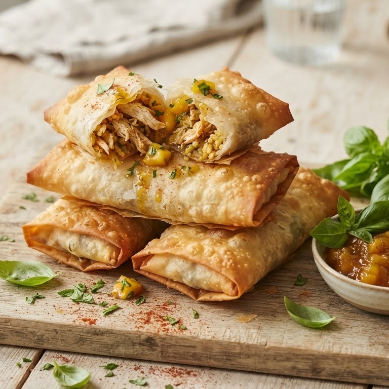 Briks met kalkoen, rijst, mangochutney en basilicum recept