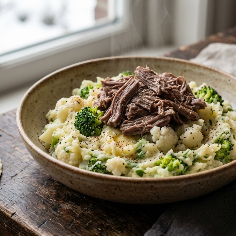 Broccoli-bloemkoolstamppot met gekookt soepvlees recept