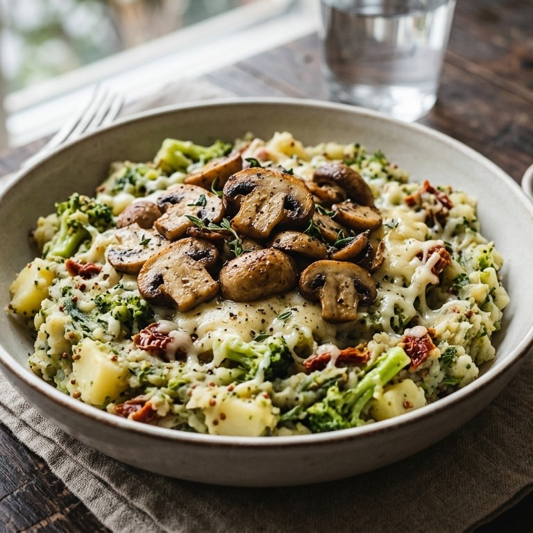 Broccolistampot met knoflookchampignons en kaas recept