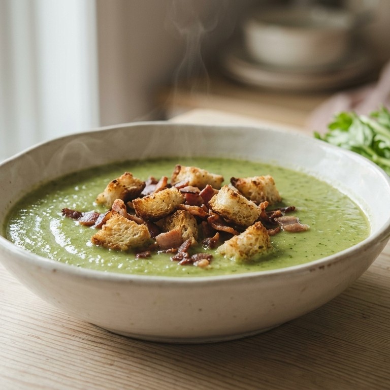 Broccolli-groente-cremesoep met croutons en spekjes recept