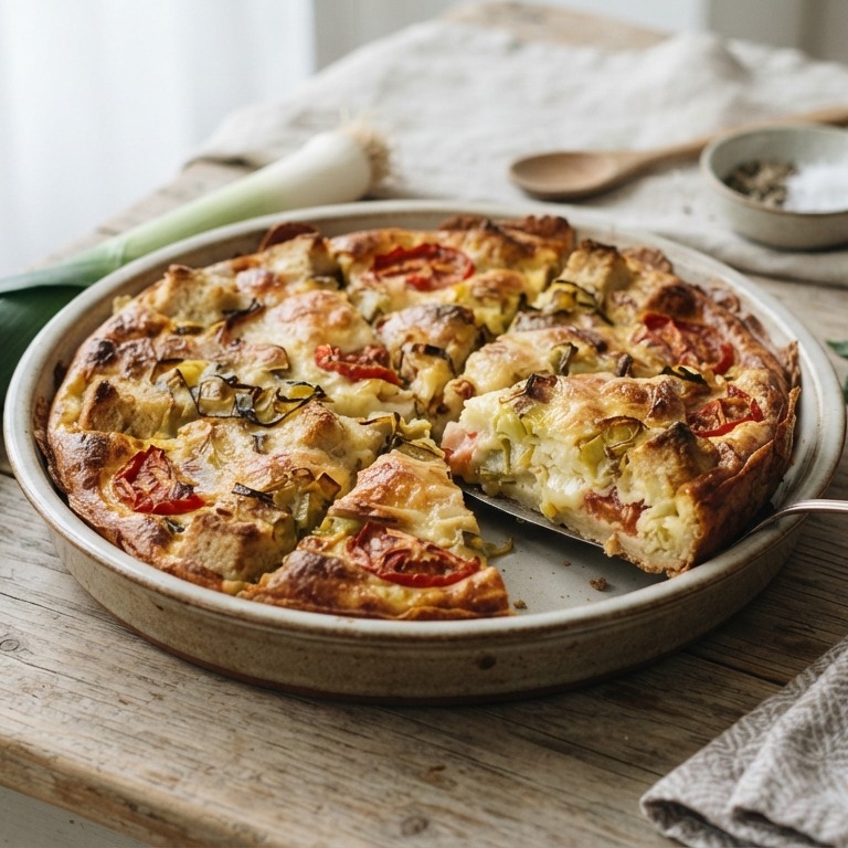Broodquiche met prei en tomaat recept