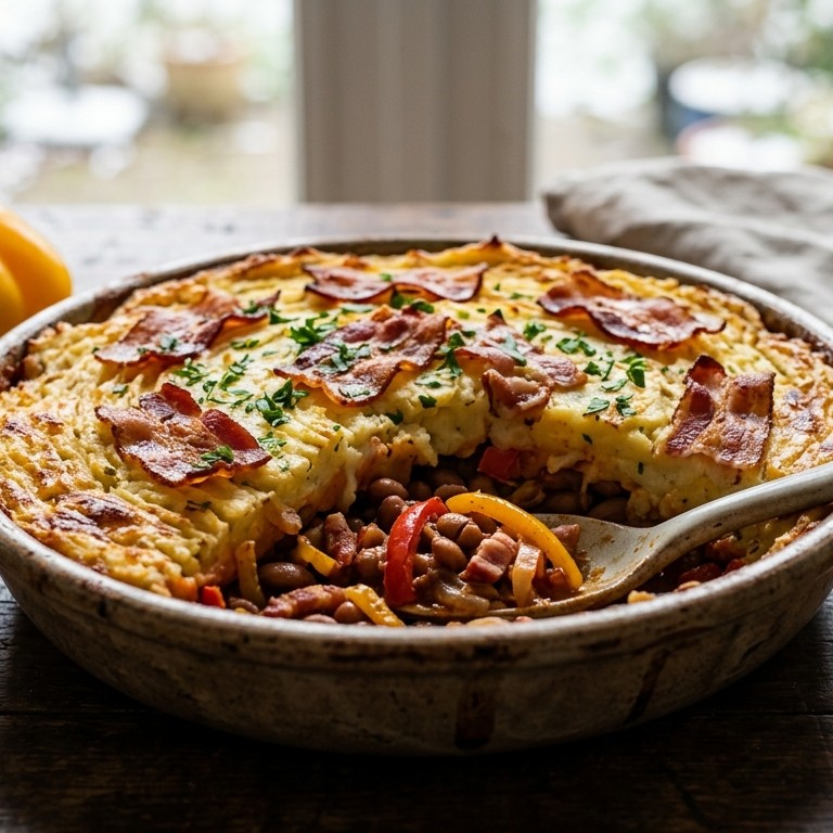 Bruine bonenschotel met bacon en spekjes recept