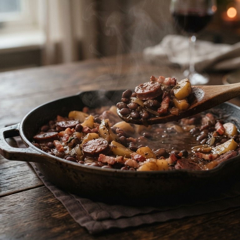Bruine bonenschotel met boerenmetworst recept