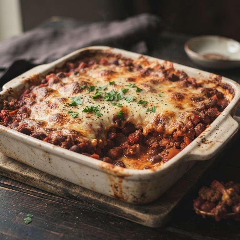 Bruine bonenschotel met rundergehakt, paprika en tomaat recept